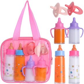 Baby Doll Bottles Accessories Set for Toddlers, 2 Milk Bottles 2 Juice Bottles and 2 Toy Pacifier, Doll Playset Accessories Handbag for Toddlers ﻿