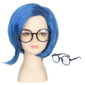 Miss U Hair Short Blue Wig with Glasses Child Girls Emotion Cosplay Halloween Wig