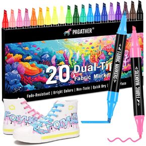 Fabric Markers Permanent for Clothes, 20 Colors Dual Tip with Fine and Chisel Tips Paint Pens for Clothing Canvas Tote Bags T-Shirt and Shoes, Non Toxic Ink for Kids and Adults