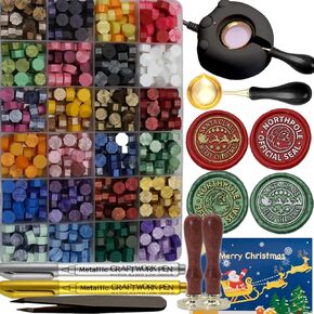 Electric Wax Seal Warmer with 48 Colors Wax Seal Beads 624pcs, Christmas Wax Seal Stamp Set, 2Pcs Santa Claus Wax Seal Stamp, Sealing Wax Spoon, 2Pcs Wax Seal Pen, Tweezer