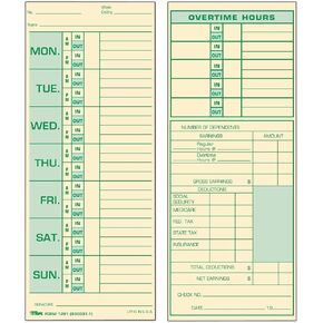 TOPS Time Cards, Weekly, 2-Sided, 3-1/2" x 8-1/2", Green Print Front/Back, 500-Count (1291)