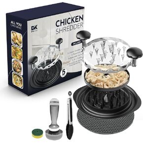 D’Kitchen Chicken Shredder, Large Chicken Breast Shredder Tool Twist, 5 Pcs Meat Shredder with Multi-Purpose Soap Dispenser Brush, 10 in Tong, Removable Tray & Anti-Slip Mat, BPA Free Material (Black)
