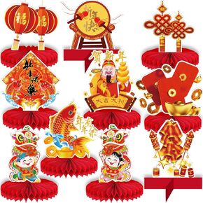10 Pcs Chinese New Year party Decoration,Happy New Year Table Honeycomb Centerpieces, Chinese Spring Festival Red and Gold Table Toppers for New Years Eve Party
