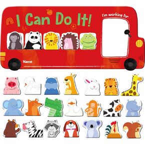 “I CAN DO IT" Token Board,Magnetic Reward Chart with 26 Animal Magnets, Red Bus Reward Chart for Kids, Incentive Positive Chart for Good Behavior and Responsibility, Great for Toddlers, Kids, Students