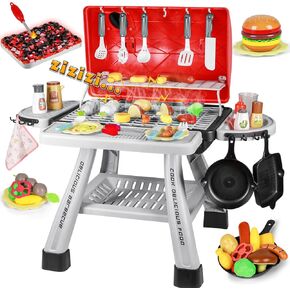 2024 Kids Kitchen Grill Playset Toy BBQ Grill Playset Outdoor Toys with Smoke Light Toddler Grill Pretend Play Interactive Toy Birthday for Toddler Boys Girls 3-5
