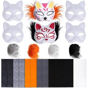 40pcs Therian Cat Mask Kit Halloween DIY Cat Fox Costume Mask Animal Cosplay White Paper Mask with Faux Fur Eye Mesh Adhesive Felt Fabric Sheet for Halloween Cosplay Dress Up Party