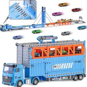 Electric Race Car Track Set for Toddlers, with Catapult Launch and Transport Truck, 78-Inch Track and 8 Alloy Mini Cars, Suitable for 3-5 and 4-7 Year Old Boys and Girls (Blue)
