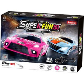 SuperFun 203-1/43 USB Power Slot Car Racing Set, Layout Size: 65"x37", LED Headlights, Lap Counter, Ages 8+