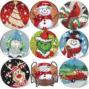 DISENB 8 Pcs Christmas Diamond Painting Coasters Kits with Holder, DIY Xmas Adults Diamond Art Coasters Kits for Christmas Winter Holiday Party Home Kitchen Table Decorations