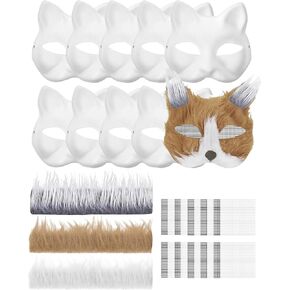 XIPEGPA Cat Mask with Fur and Eye Mesh Therian Masks to Painted Blank Animal Face Mask for Cosplay Costume Prop DIY Painting