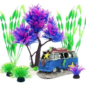 4PCS Fish Tank Aquarium Decorations Plastic Plants with Resin Cave Rock for Fish Hideout (Blue Set)