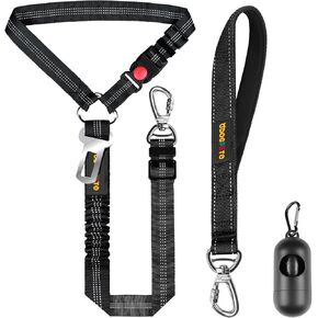 Dog Harness Seat Belt for Car, Dog Car Leash with Car Headrest & Buckle, Reflective Dog Car Harness, Pet 12 Inch Car Harness for Dogs with Padded Handle & Locking Carabiner Clip, Black