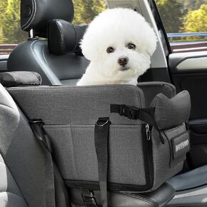 WOYYHO Center Console Dog Car Seat Waterproof and Easy Clean Dog Car Seat for Small Dogs Thickened PU Leather Dog Car Seat with Adjustable Safety Belt (Gray)