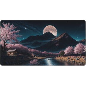 MTG Playmat TCG Playmat Board Game Card Game Trading Card Game Play mat Desk pad Original Hand-Painted Stitched Edges Smooth Surface Rubber Base Cherry Blossom Moon Night 23.5x13.7in