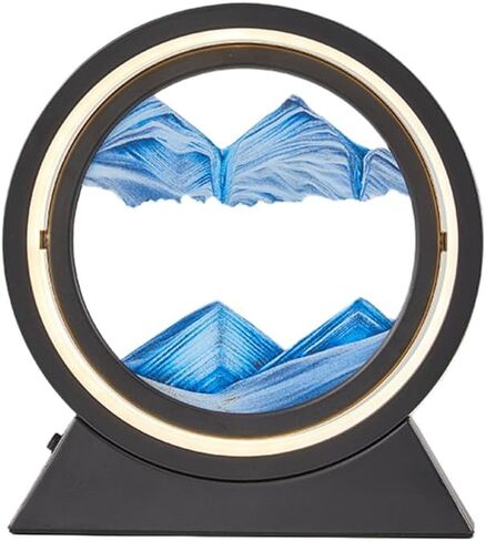 Oneshow لوحة فنية رملية متحركة مع ضوء LED ثلاثي الأبعاد حركة سائلة ديناميكية صورة فنية رملية عرض رملي متدفق إطار زجاجي مستدير للاسترخاء ديكور سطح المكتب للمنزل والمكتب هدايا للبالغين (أسود) in Kuwait