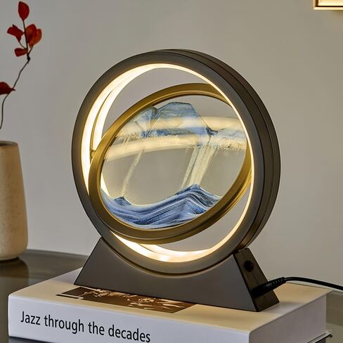 Oneshow لوحة فنية رملية متحركة مع ضوء LED ثلاثي الأبعاد حركة سائلة ديناميكية صورة فنية رملية عرض رملي متدفق إطار زجاجي مستدير للاسترخاء ديكور سطح المكتب للمنزل والمكتب هدايا للبالغين (أسود) in Kuwait