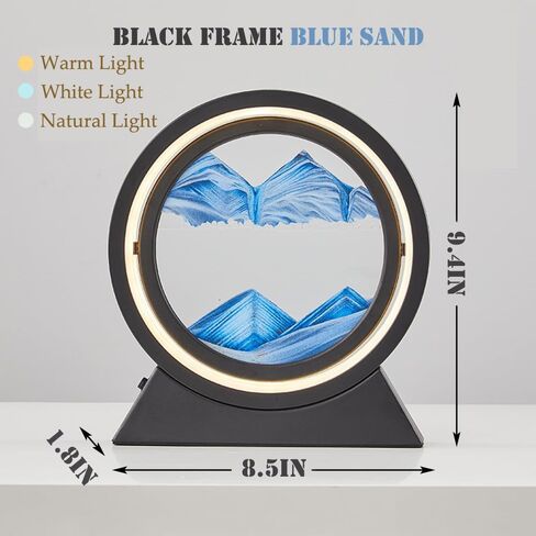 Oneshow لوحة فنية رملية متحركة مع ضوء LED ثلاثي الأبعاد حركة سائلة ديناميكية صورة فنية رملية عرض رملي متدفق إطار زجاجي مستدير للاسترخاء ديكور سطح المكتب للمنزل والمكتب هدايا للبالغين (أسود) in Kuwait