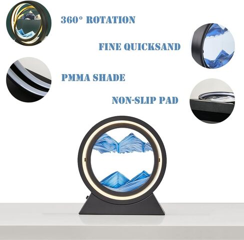 Oneshow لوحة فنية رملية متحركة مع ضوء LED ثلاثي الأبعاد حركة سائلة ديناميكية صورة فنية رملية عرض رملي متدفق إطار زجاجي مستدير للاسترخاء ديكور سطح المكتب للمنزل والمكتب هدايا للبالغين (أسود) in Kuwait