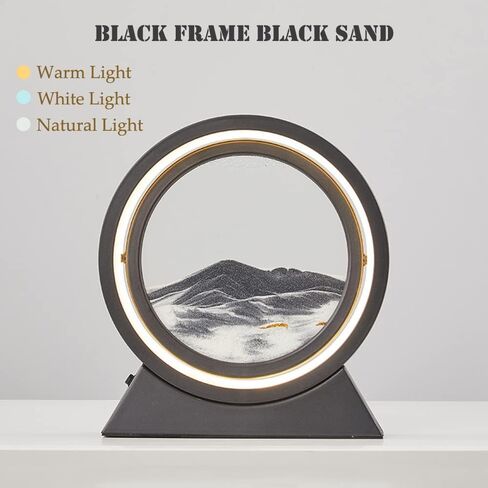 Oneshow Moving Sand Art Painting with LED Light 3D Liquid Motion Dynamic Sand Art Picture Sandscape Display Flowing Sand Round Glass Frame Relaxing Desktop Decor for Home Office Adults Gifts (Black) in Saudi Arabia