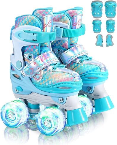 زلاجات دوارة للأطفال من سبورتنير، 4 زلاجات دوارة قابلة للتعديل للفتيات والأولاد والأطفال الصغار والمبتدئين، زلاجات للأطفال مع مجموعة معدات واقية هدية للاستخدام الداخلي والخارجي in Kuwait