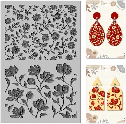 CHGCRAFT Oriental Flowers Polymer Clay Texture Sheets Curled Leaves Clay Texture Vintage Rubber Clay Texture Mat Modeling Pad Texture Sheets for Polymer Clay Making Earrings Jewelry in Saudi Arabia