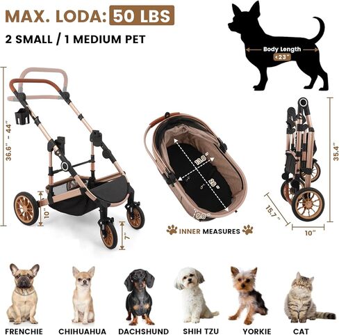 عربة حيوانات أليفة بأربع عجلات، حاملة سفر للحيوانات الأليفة قابلة للطي للكلاب الصغيرة والمتوسطة والقطط التي يصل وزنها إلى 50 رطلاً، حقيبة حيوانات أليفة محمولة قابلة للفصل، سلة تخزين، مقعد سيارة 3 في 1 متعدد الوظائف (أسمر) in Saudi Arabia