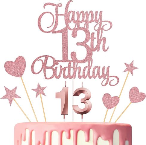 13th Birthday Cake Decorations, 13th Birthday Candles Cake Numeral Candles and Glitter Happy 13th Birthday Cake Toppers Set for Birthday Party Supplies (Rose Gold) in Kuwait