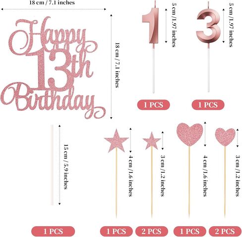 13th Birthday Cake Decorations, 13th Birthday Candles Cake Numeral Candles and Glitter Happy 13th Birthday Cake Toppers Set for Birthday Party Supplies (Rose Gold) in Kuwait