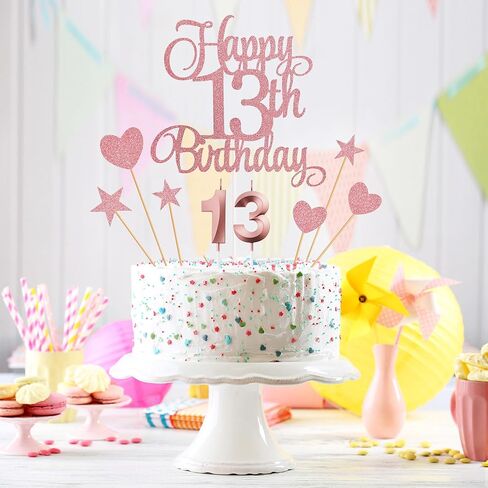 13th Birthday Cake Decorations, 13th Birthday Candles Cake Numeral Candles and Glitter Happy 13th Birthday Cake Toppers Set for Birthday Party Supplies (Rose Gold) in Kuwait