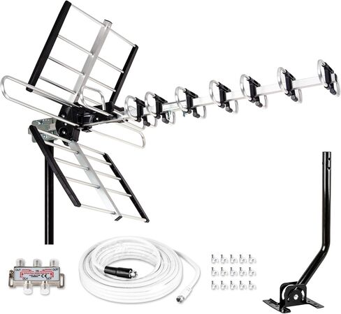 Five Star Outdoor HDTV Antenna up to 200 Mile Long Range, Attic or Roof Mount TV Antenna, Long Range Digital OTA Antenna for 4K 1080P VHF UHF Supports 4 TVs Installation Kit & J Mount in Kuwait