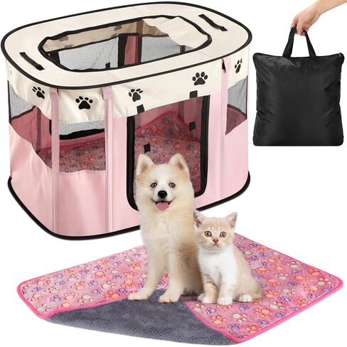 Yousoontic المحمولة الحيوانات الأليفة روضة قابلة للطي الكلب روضة للماء المحمولة قفص بيت الكلب ممارسة اللعب خيمة لجرو القط أرنب السفر روضة للأطفال في الهواء الطلق التخييم في الأماكن المغلقة مع حقيبة حمل (الوردي) in Kuwait