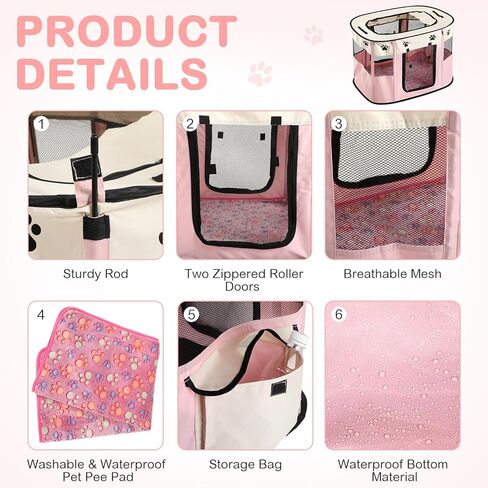 Yousoontic المحمولة الحيوانات الأليفة روضة قابلة للطي الكلب روضة للماء المحمولة قفص بيت الكلب ممارسة اللعب خيمة لجرو القط أرنب السفر روضة للأطفال في الهواء الطلق التخييم في الأماكن المغلقة مع حقيبة حمل (الوردي) in Kuwait