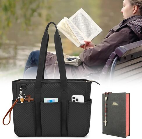 Fasrom Large Bible Cover for Women, Bible Case Study Tote Bag with Laptop Compartment for Church Accessories and Books, Black (Empty Bag Only) in Kuwait