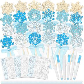 Juexica Princess Snowflake Fairy Wand Kit Includes 24 Make Your Own Princess Wand 6 Styles Unfinished Wooden Snow Fairy Wand and 6 Gem Stickers for Girls DIY Magical Crafts