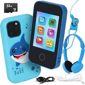 Kids Phone Toy | Touchscreen Kids Phone Toy with Games, MP3 Player & 32GB SD Card | Fake Phones for Kids 3 to 8 Years Old | Birthday Gift for Boys | Shark Phone with Headphones - Blue