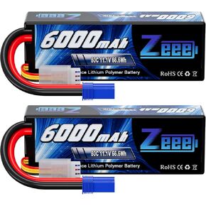 Zeee 11.1V 80C 3S 6000mAh Lipo Battery Hard Case Battery with EC5 Connector for RC 1/8 1/10 Scale Vehicles Car Trucks Boats(2 Pack)