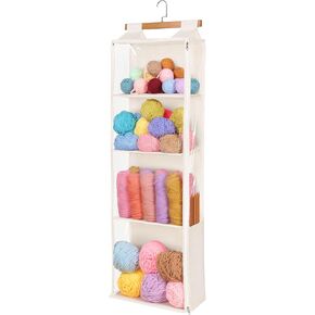 Univivi Hanging Yarn Storage Organizer with 4 Clear Compartments & Side Knitting Needles Pocket, Hanging Yarn Holder for Crochet Lovers (Beige)