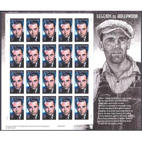 Henry Fonda: Legends of Hollywood, Full Sheet of 20 x 37 Cent Stamps, USA 2005, Scott 3911