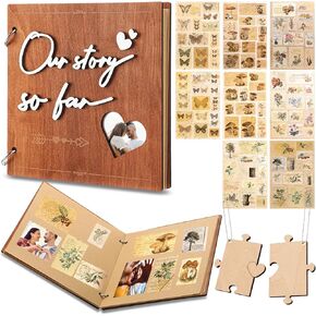 Valentine Wooden Couples Photo Album 7.87 x 7.87'' Our Story So Far Scrapbook Anniversary Picture Scrapbook Memory Journal with Vintage Stickers 2 Puzzle Pieces Diy Wedding Gift