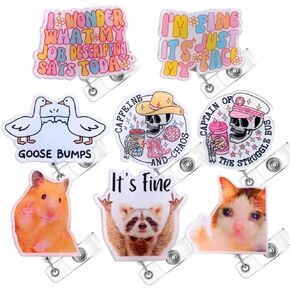YJ PREMIUMS 8PC Funny Cute Fun Badge Reel Holder ID Card Retractable Clip for Nurse Nurses Nursing Teacher Office Workers | Meme It’s Fine Just My Face Job Descriptions Goose Bumps Coworkers Gifts