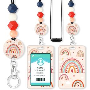 ID Badge Holder with Lanyard Teacher Cute Be Kind Rainbow Badge Holders with Wooden Beaded Adjustable Neck Lanyards Keychain for Women Kids Nurses Doctors Student