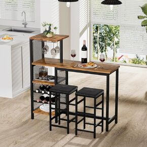 VECELO Bar Table and Chairs Set for 2, 3-Piece Dining Set with Storage Shelves, Cup Holder & Wine Rack, PU Leather Cushion Stools, for Kitchen Small Space, Rustic Brown