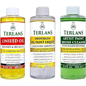 TERLANS Oil Painting Mediums/Odourless Paint Liquid/Linseed Oil/Oil Brush Cleaner 3x8.4 fl oz (3x250 ml)