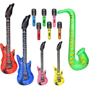 11Pcs Inflatable Rock Star Band Set, Waterproof PVC Music Instruments Party Props Blow Up Guitar Microphones Saxophone for Kids Toy Ornament Karaoke Theme Party Festival Role Play Cosplay