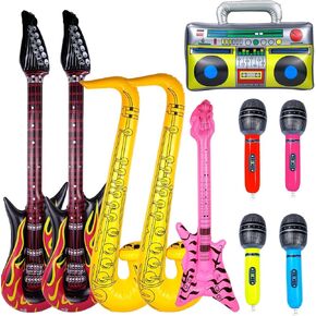 10pcs Inflatable Instruments Party Props Rock Star Toy Set Inflatable Saxophone Bass Rock Microphone Rock Electric Guitar Recorder Suitable for Various Music Parties