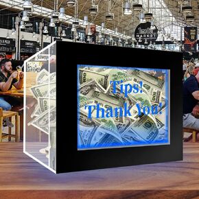 Acrylic Tips Jar with Lock, Led Donation Box with Remote, keys, Sign Holder ''Tips! Thank You!'', Raffle Suggestion Comment Vote Ticket Tip Box with DIY Blank Sign Holder for Bartender Restaurant Band