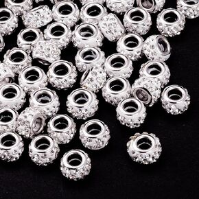 50pcs Large Hole Rhinestone Beads for Jewelry Making, 11mm European Spacer Beads, Sparkly Crystal Hair Beads Charms for DIY Bracelet Pendant Bracelet- White