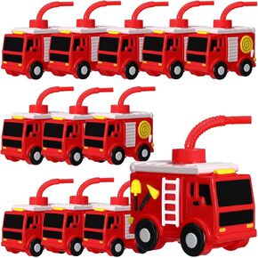 12 Sets Firefighter Party Favor Gift Supplies Fire Truck Cups with Straws, Plastic Fire Truck Shape Cup Reusable Firefighter Party Plastic Cups Bulk Party Favor for Car Birthday Party Supplies