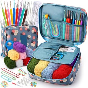 LOKUNN Crochet Starter Set, 102-Piece Crochet Kit with Hooks, Yarn, and Accessories for Adults (Blue)
