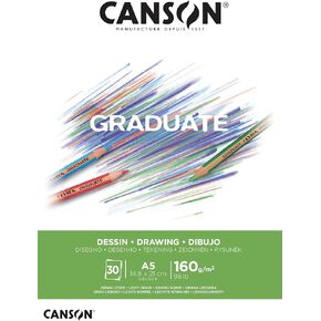 CANSON Graduate White Drawing 160gsm A5 Paper, Light Grain, Pad Glued Short Side, 30 Bright White Sheets, Ideal for Student Artists